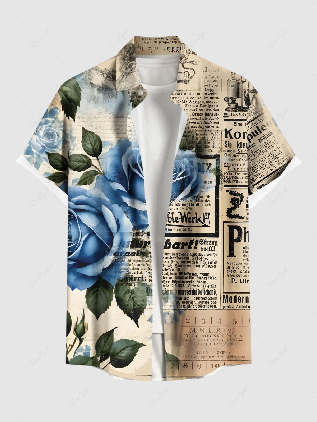 Online Plus Size Rose Flower Distressed Newspapaer Print Valentines Button Pocket Shirt For Men  