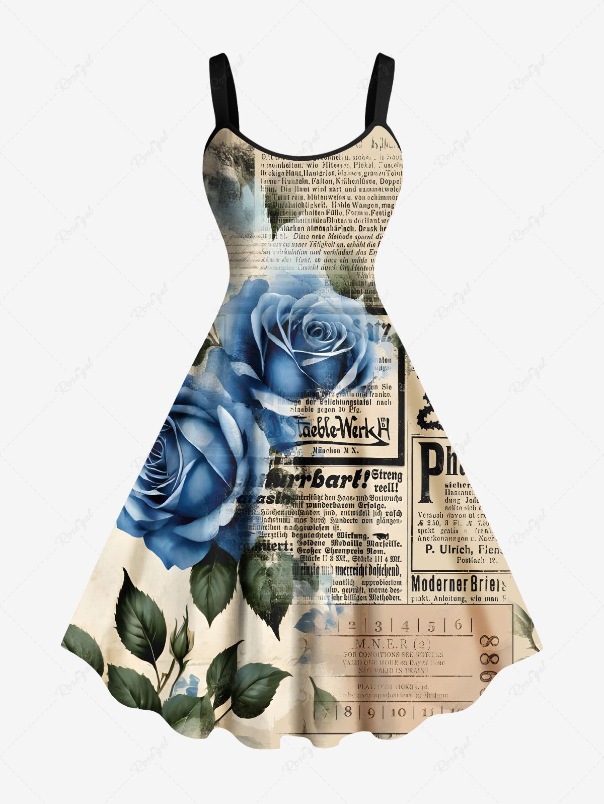 Store Plus Size Rose Flower Distressed Newspapaer Print Valentines A Line Tank Dress  