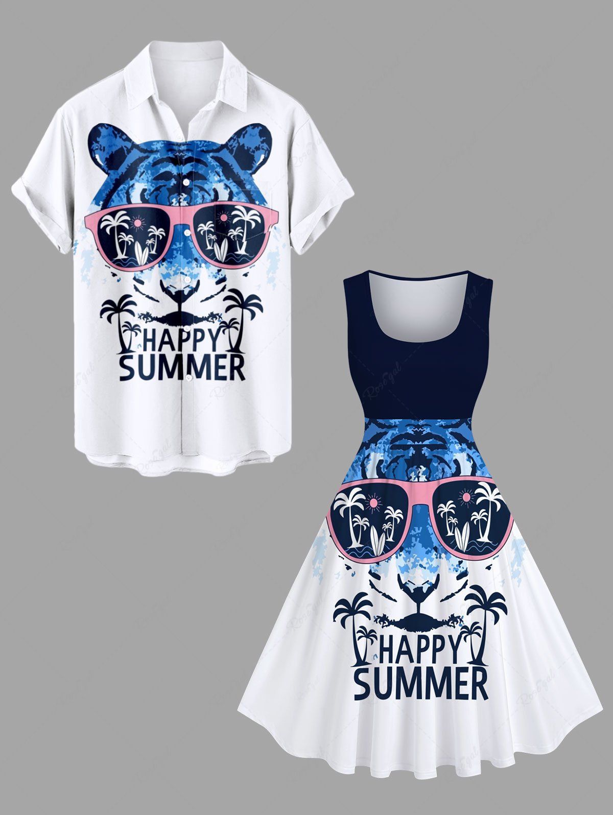 Cheap Coconut Tree Letter Tie Dye Tiger Sunglasses Print Plus Size Matching Hawaii Beach Outfit For Couples  