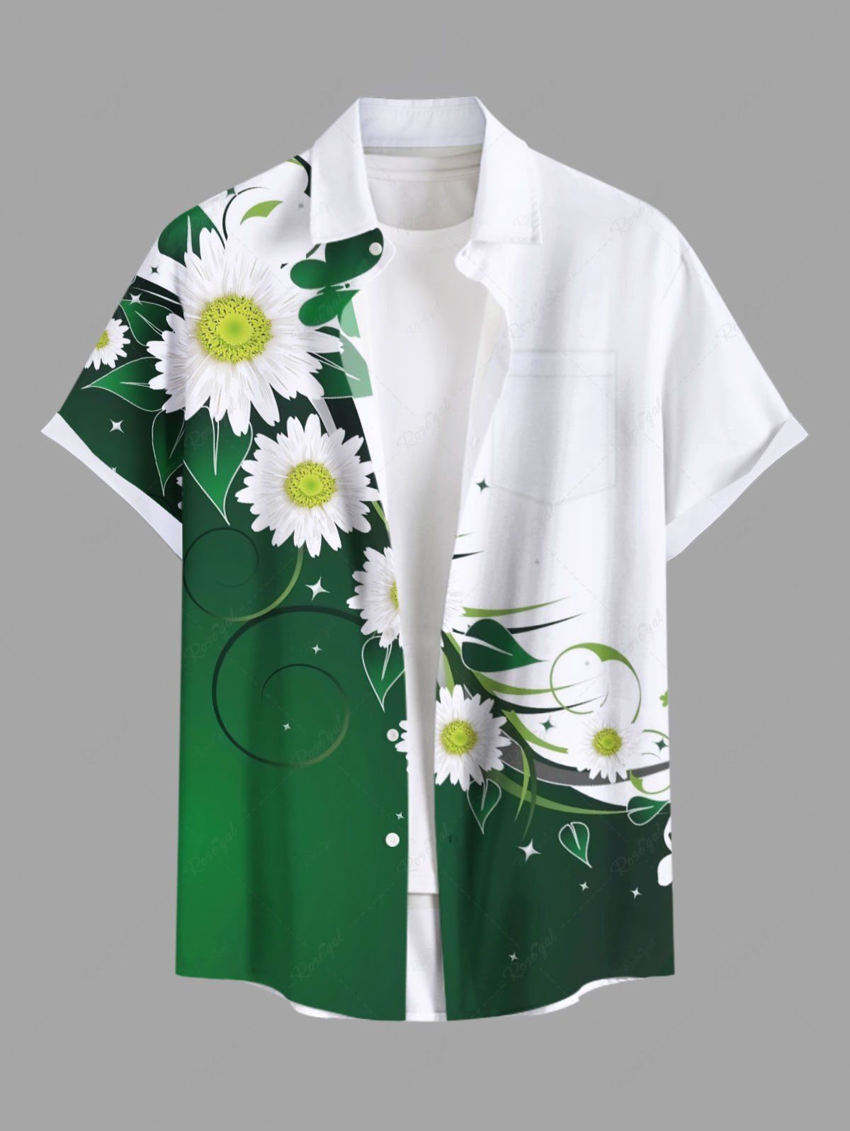 Unique Plus Size Daisy Flowers Leaf Colorblock Print Buttons Pocket Hawaii Shirt For Men  