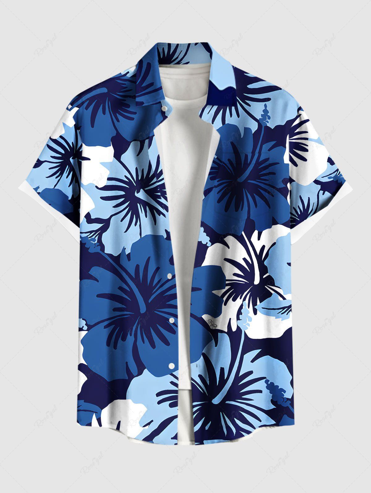 Discount Plus Size Tropical Hibiscus Flower Print Buttons Pocket Hawaii Shirt For Men  