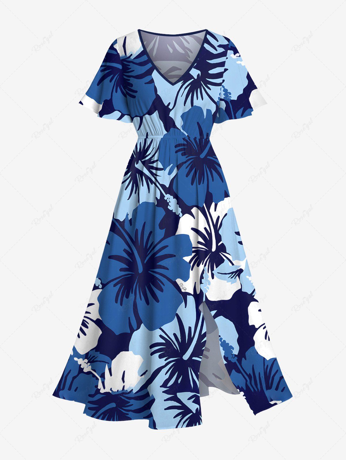 Online Plus Size Tropical Hibiscus Flower Print Split Hawaii Midi Dress  