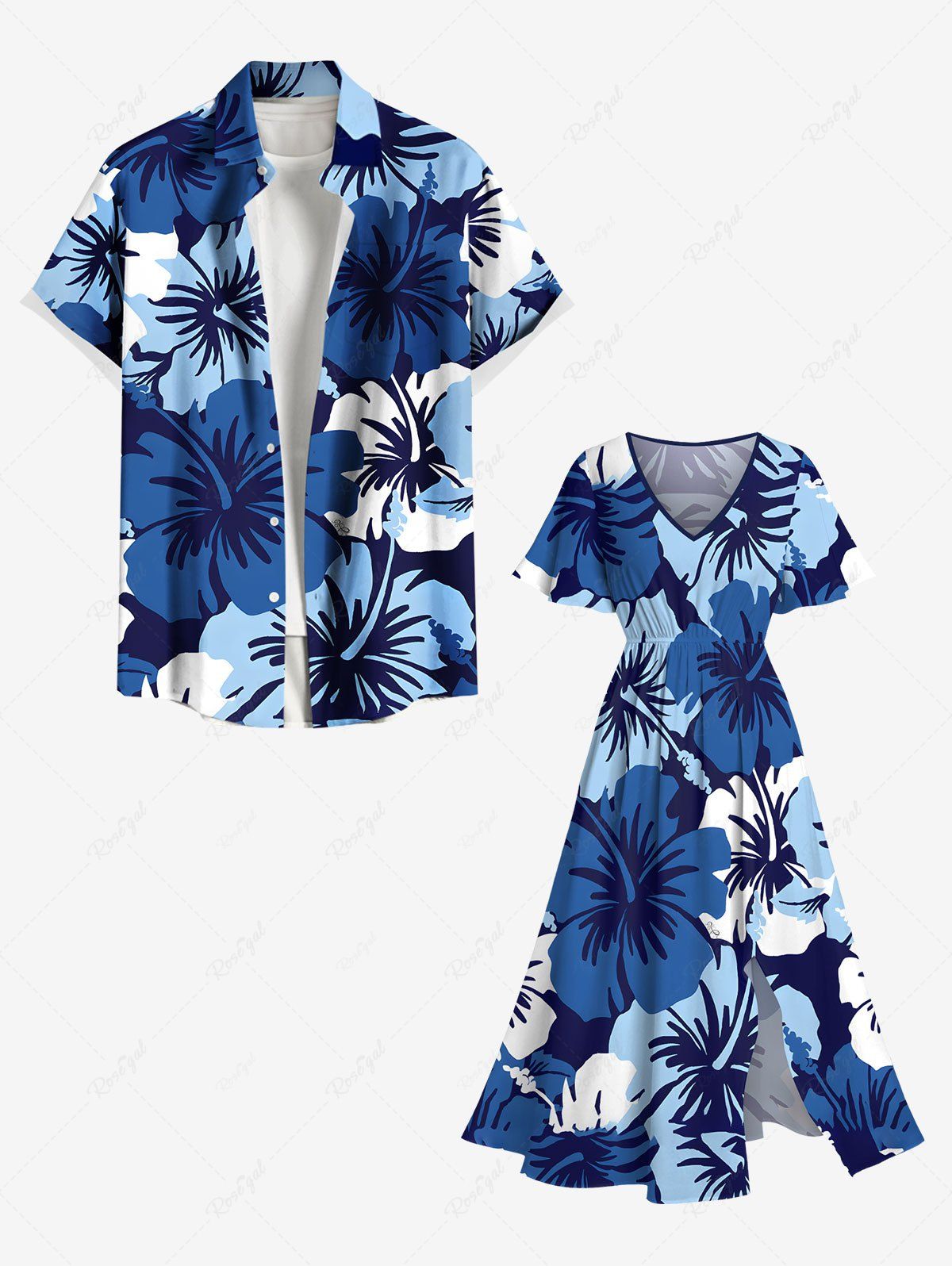 Discount Tropical Hibiscus Flower Print Plus Size Matching Hawaii Beach Outfit For Couples  