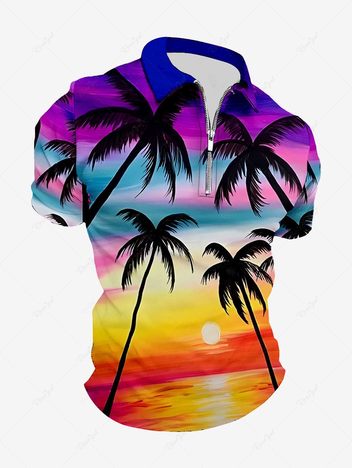 Fashion Plus Size Coconut Tree Ombre Sky Sun Print Hawaii Polo Shirt For Men  