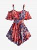 Plus Size Tie Dye Print Flowers Flocking Mesh Ruffles Ruched Twist Cold Shoulder T-shirt -  