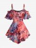 Plus Size Tie Dye Print Flowers Flocking Mesh Ruffles Ruched Twist Cold Shoulder T-shirt -  