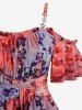 Plus Size Tie Dye Print Flowers Flocking Mesh Ruffles Ruched Twist Cold Shoulder T-shirt -  