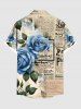 Plus Size Rose Flower Distressed Newspapaer Print Valentines Button Pocket Shirt For Men -  