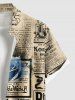 Plus Size Rose Flower Distressed Newspapaer Print Valentines Button Pocket Shirt For Men -  