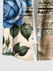 Plus Size Rose Flower Distressed Newspapaer Print Valentines Button Pocket Shirt For Men -  