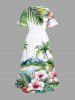 Plus Size Coconut Tree Sea Mountain Tropical Leaves Floral Print Hawaii Split Pocket A Line Midi Dress -  