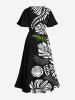 Plus Size Tropical Leave Branch Floral Print Hawaii Split Pocket A Line Midi Dress -  