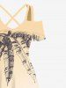 Plus Size Coconut Tree Cloud Boat Seascape Print Cold Shoulder Crisscross Hawaii Maxi Dress -  