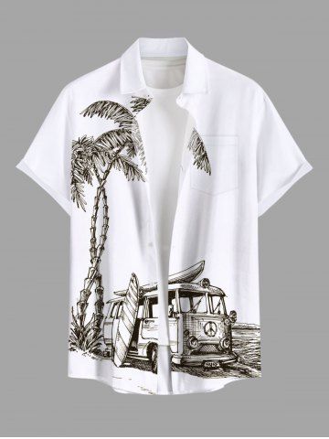 Plus Size Coconut Tree Sea Car Print Hawaii Two Tone Button Pocket Shirt For Men - WHITE - S