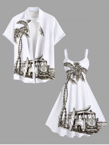 Plus Size Coconut Tree Sea Car Print Hawaii Two Tone A Line Tank Dress