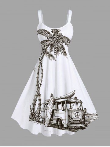 Plus Size Coconut Tree Sea Car Print Hawaii Two Tone A Line Tank Dress