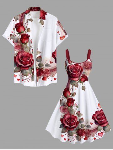 Rose Flower Leaf Heart Print Valentines Plus Size Matching Hawaii Beach Outfit For Couples - RED