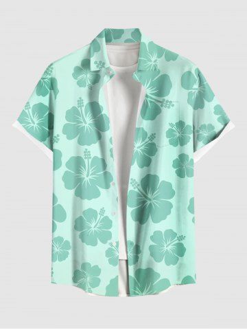 Plus Size Hibiscus Flower Print Buttons Pocket Hawaii Shirt For Men