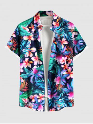 Plus Size Tropical Leaf Flower Print Buttons Pocket Hawaii Shirt For Men - BLACK - S