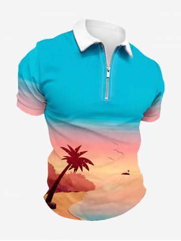 Plus Size Coconut Tree Seascape Ombre Colorblock Print Zipper Hawaii Polo Shirt For Men - LIGHT BLUE - S