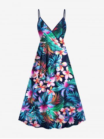 Plus Size Tropical Leaf Flower Print Surplice Hawaii Cami Dress - BLACK - XS