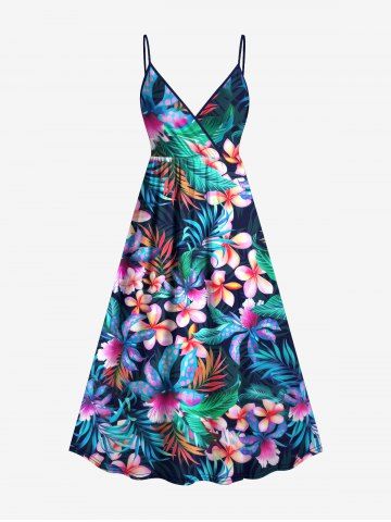 Plus Size Tropical Leaf Flower Print Surplice Hawaii Cami Dress - BLACK - 4X