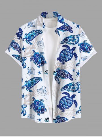 Plus Size Turtle Shell Starfish Coral Plant Print Hawaii Sea Creatures Button Pocket Shirt For Men - BLUE - S