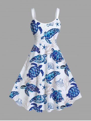 Plus Size Turtle Shell Starfish Coral Plant Print Hawaii Sea Creatures A Line Tank Dress - WHITE - M