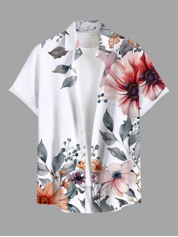 Plus Size Flower Leaf Print Buttons Pocket Hawaii Shirt For Men - WHITE - XL