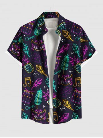 Plus Size Pineapple Tropical Leaves Mask Music Symbol Juice Galaxy Print Hawaii Button Pocket Shirt For Men