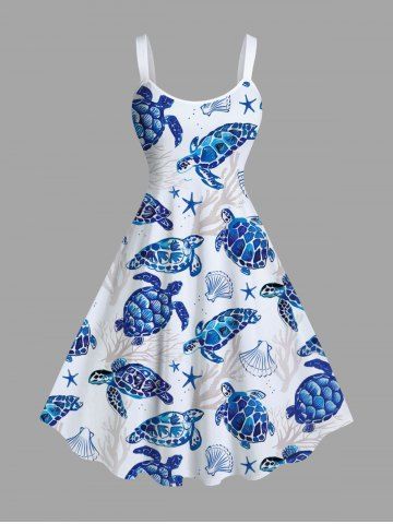 Plus Size Turtle Shell Starfish Coral Plant Print Hawaii Sea Creatures A Line Tank Dress - WHITE - XXS