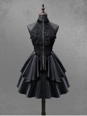 Robe Ligne A Gothique Superposée Fleur Rose en Jacquard à Volants - BLACK - XXL