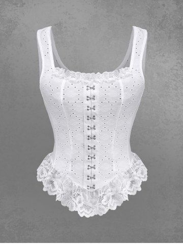 Gothic Pointelle Hollow Out Jacquard Embroidered Lace Trim Peplum Hem Hook and Eye Tank Top - WHITE - XL