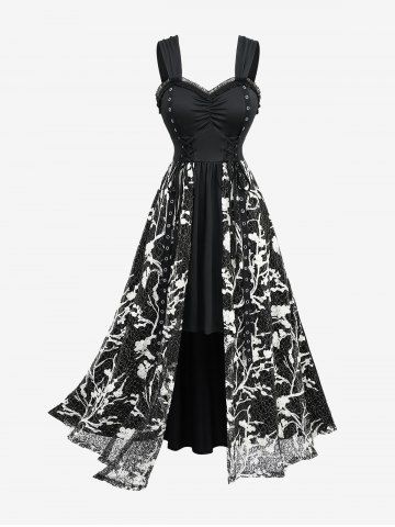 Plus Size Floral Embroidery Grommet Lace-up Ruched Lace Trim Tank Dress - BLACK - 5X | US 30-32