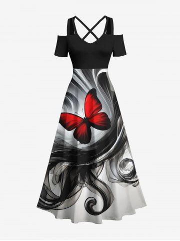 Robe longue grande taille à imprimé papillons et rubans peints à l'encre, dégradé hawaïen, épaules dénudées et croisée, coupe trapèze. - BLACK - 2X