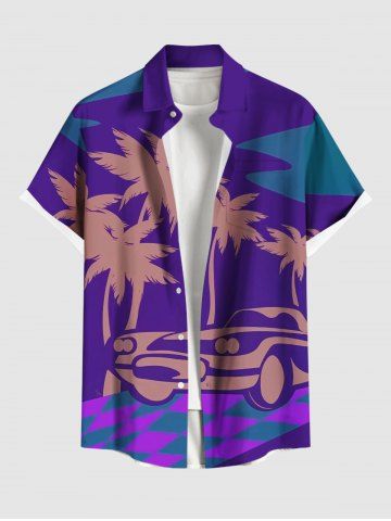 Chemise hawaïenne à poches boutons, imprimé géométrique colorblock avec motif de cocotier et voiture, grande taille, pour hommes - PURPLE - 5XL