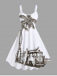 Plus Size Coconut Tree Sea Car Print Hawaii Two Tone A Line Tank Dress -  