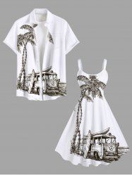 Tenue de Plage Grande Taille Imprimé Cocotiers et Mer Assortis pour Couples - Blanc 