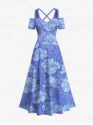 Maxi Robe Croisée Fleur Imprimée à Epaule Dénudée de Grande Taille - Bleu 3X