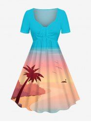 Plus Size Coconut Tree Seascape Ombre Colorblock Print Cinched Hawaii Dress -  