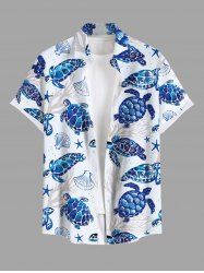 Chemise Décontractée Boutonnée Coquille Etoile de Mer Imprimées avec Poche de Grande Taille pour Homme - Bleu XL