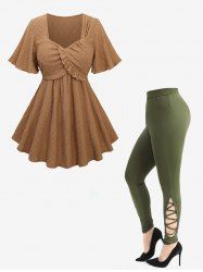 Ruffles Embroidery Rhombus Surplice Top and Hollow Out Crisscross Side Leggings Plus Size Outfit -  