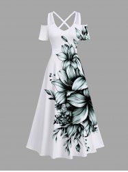 Maxi Robe Croisée Fleur Feuille Imprimées à Epaule Dénudée de Grande Taille - Blanc L