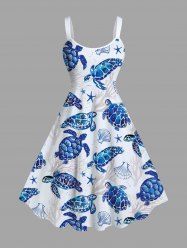 Robe Débardeur Trapèze à Imprimé Plante Tortue Etoile de Mer et Coquillage Grande-Taille - Blanc S