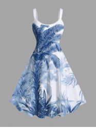 Robe Ligne A Plante Tropicale et Arbre de Noix de Coco Imprimés de Grande Taille - Bleu S