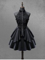 Gothic Rose Flower Applique Lace Jacquard Zipper Ruffles Layered A Line Dress -  