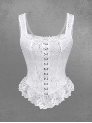 Gothic Pointelle Hollow Out Jacquard Embroidered Lace Trim Peplum Hem Hook and Eye Tank Top -  