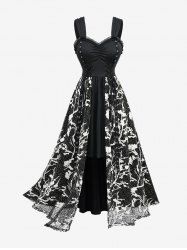 Plus Size Floral Embroidery Grommet Lace-up Ruched Lace Trim Tank Dress -  