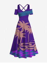 Plus Size Coconut Tree Car Geometric Colorblock Print Hawaii Cold Shoulder Crisscross A Line Maxi Dress -  