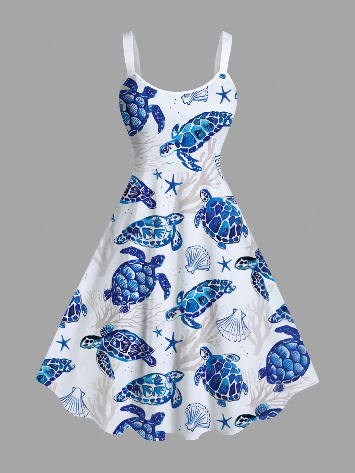 Plus Size Turtle Shell Starfish Coral Plant Print Hawaii Sea Creatures A Line Tank Dress